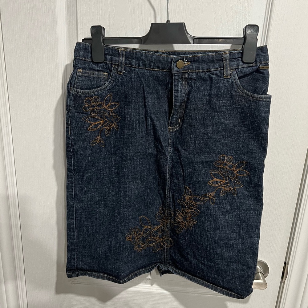 Point Zero Dark Blue Jean Skirt with Floral Embroidery